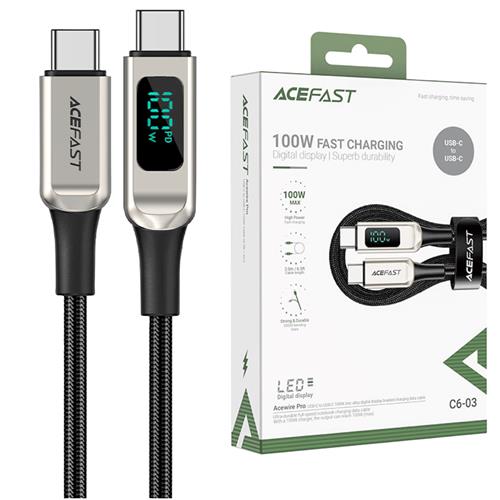 Acefast C6-03 Cable USB-C a USB-C 100W con LCD 2 Metros Plata