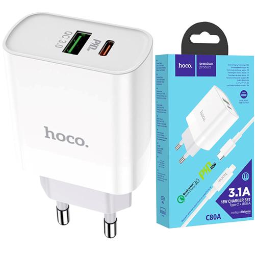 Cargador USB y USB-C 20W+ Cable USB-C a Lightning Hoco C80A Blanco