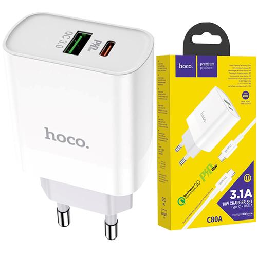 Hoco C80A Plus Cargador Rápido USB-A y USB-C 20W QC3.0 + Cable USB-C