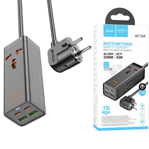 Cargador USB y USB-C 65W entrada Multipaís Hoco AC10A Negro