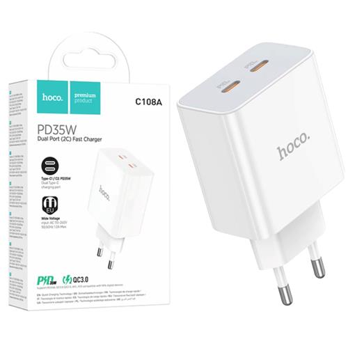 Cargador USB-C 35W X2 Hoco C108A Blanco