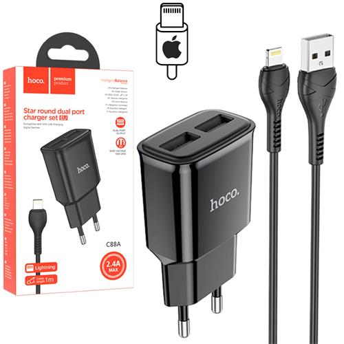 Hoco C88A Cargador Star Round Dual Port + Cable Lightning Black