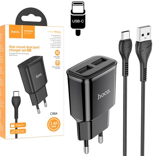 Hoco C88A Cargador Star Round Dual Port + Cable USB-C Negro