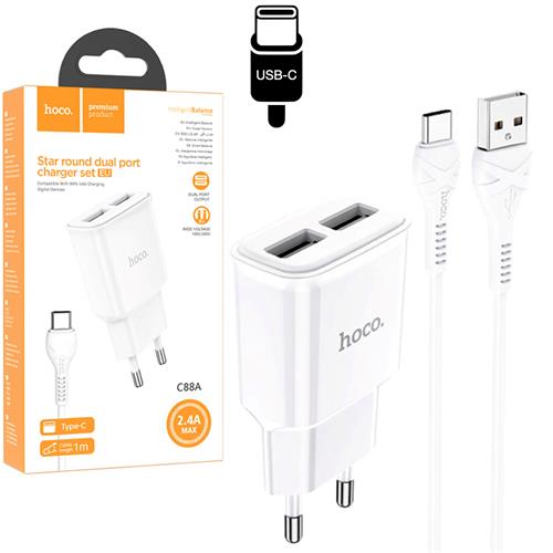 Hoco C88A Cargador Star Round Dual Port + Cable USB-C Blanco