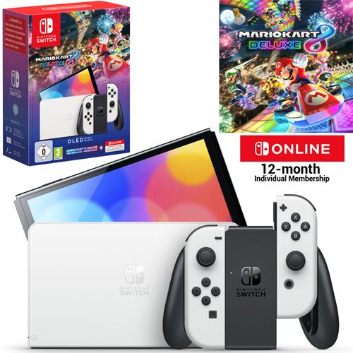 Nintendo Switch Oled Consola Blanca + Juego Nintendo  Mario Kart 8 Deluxe 12 M