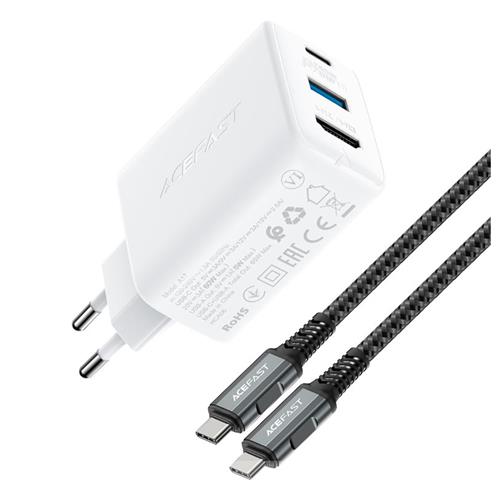 Cargador USB-C- USB y HDMI 65W+ Cable USB-C Acefast A17 Blanco