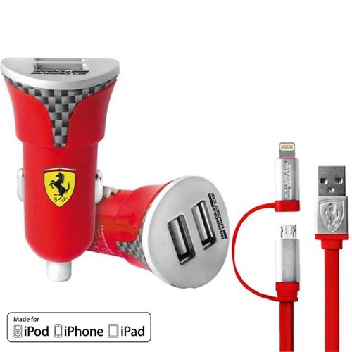 Cargador Coche USB 12-24v 2.4Amp + Lightning Ferrari FEBCCCBUNRE Rojo